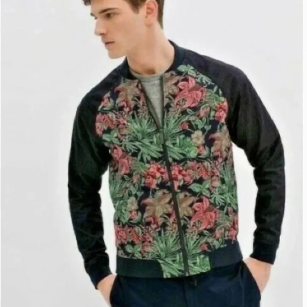 ZARA MAN Sz XL Black Tag Tapestry Jacquard Mix Media Slim Fit Bomber Jacket